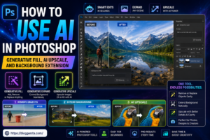 Learn how to use AI in Photoshop including Generative Fill, AI Upscale, and background extension techniques for better photo editing results.