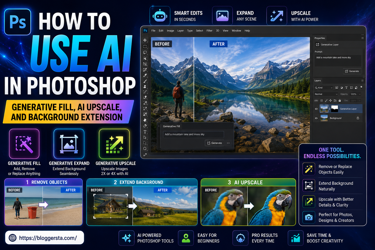 Learn how to use AI in Photoshop including Generative Fill, AI Upscale, and background extension techniques for better photo editing results.
