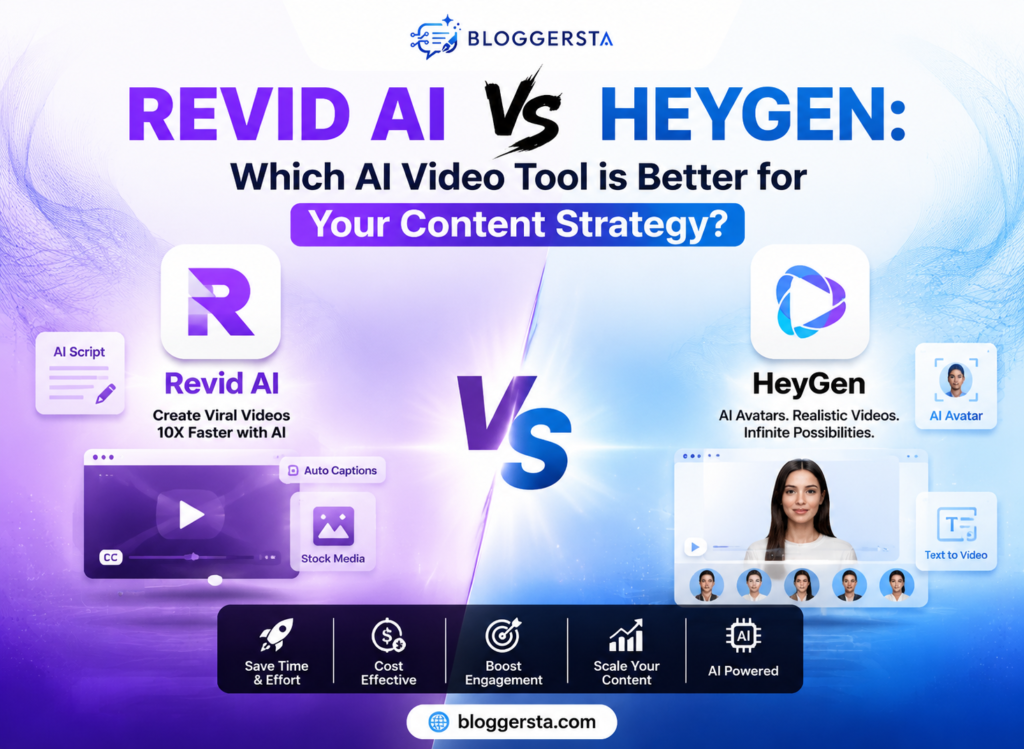 Comparison of Revid AI and HeyGen AI video tools, highlighting features, video creation options, and content marketing benefits.
