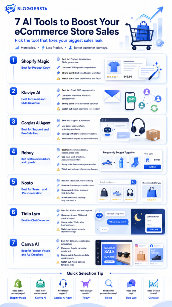 7 AI tools to boost eCommerce store sales infographic showing Shopify Magic, Klaviyo AI, Gorgias, Rebuy, Nosto, Tidio Lyro, and Canva AI.