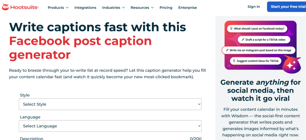Hootsuite best AI caption generators for Instagram and TikTok