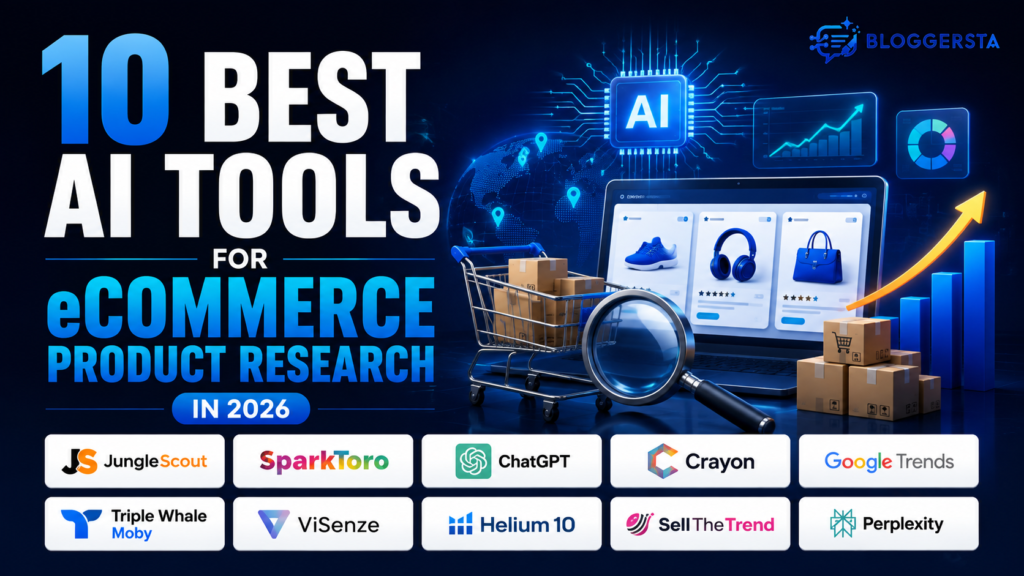 10 best AI tools for eCommerce product research in 2026 including Jungle Scout, SparkToro, ChatGPT, Crayon, Google Trends, Helium 10, and Perplexity
