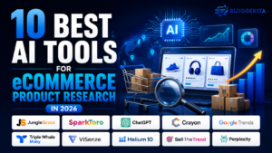 10 best AI tools for eCommerce product research in 2026 including Jungle Scout, SparkToro, ChatGPT, Crayon, Google Trends, Helium 10, and Perplexity