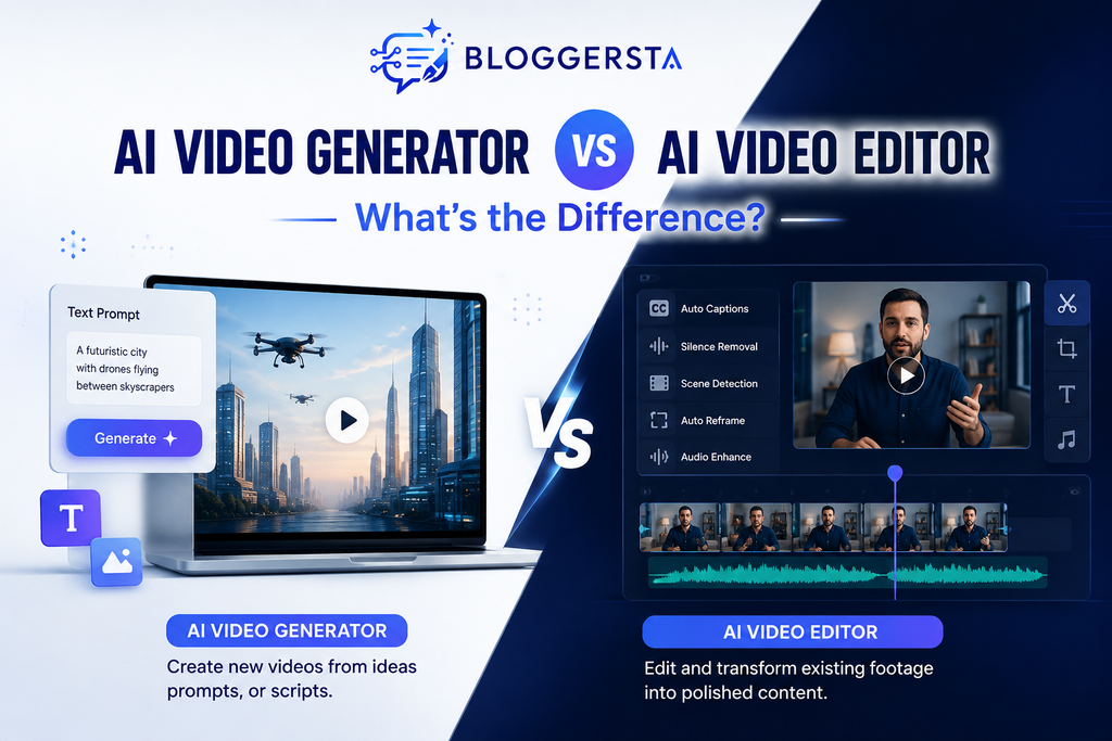 AI video generator vs AI video editor comparison showing AI video creation and editing workflows with Bloggersta branding.