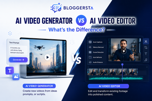 AI video generator vs AI video editor comparison showing AI video creation and editing workflows with Bloggersta branding.