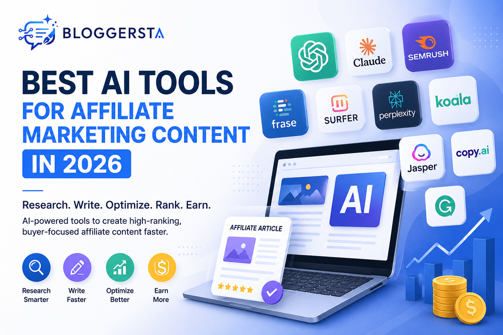 Best AI tools for affiliate marketing content in 2026 featuring Bloggersta logo, AI writing, SEO, research, and content optimization tools.