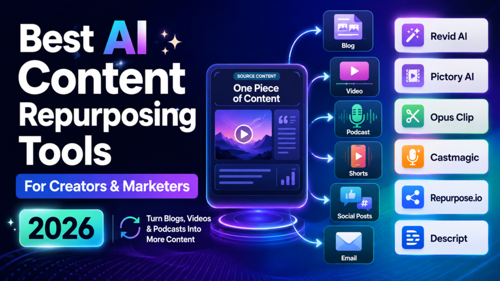 Best AI content repurposing tools for creators and marketers in 2026 showing AI technology that transforms blogs, videos, podcasts, and social media content into multiple formats.