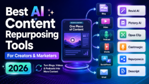 Best AI content repurposing tools for creators and marketers in 2026 showing AI technology that transforms blogs, videos, podcasts, and social media content into multiple formats.