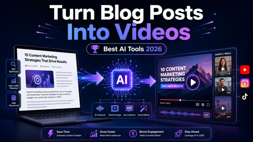 Best AI tools to turn blog posts into videos showing AI-powered blog-to-video conversion workflow with automated voiceover, captions, stock footage, and video creation