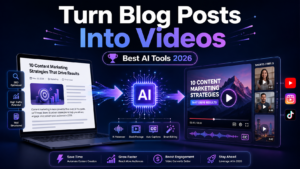 Best AI tools to turn blog posts into videos showing AI-powered blog-to-video conversion workflow with automated voiceover, captions, stock footage, and video creation