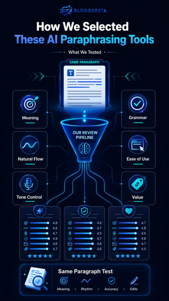 Infographic showing how seven AI paraphrasing tools were tested for meaning, grammar, natural flow, tone, usability, and value.