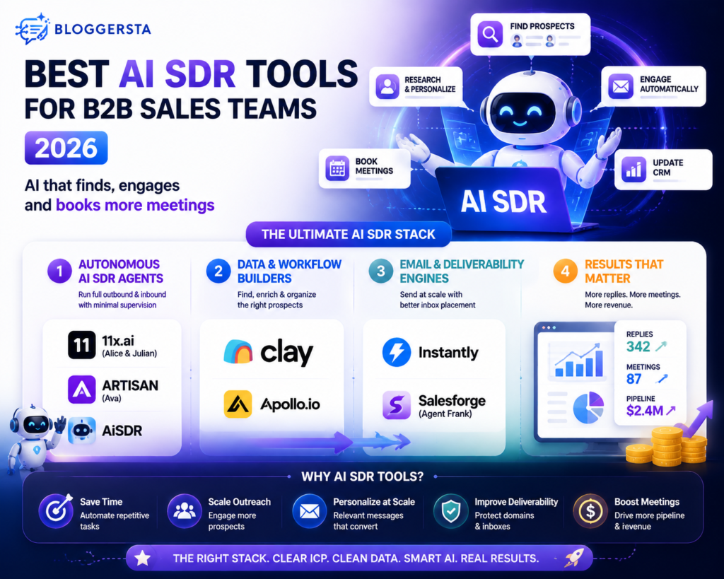 The best AI SDR tools for B2B sales teams in 2026 are autonomous AI SDR agents like Artisan Ava and 11x.ai Alice, workflow and data tools such as Clay and Apollo.io and email engines like Instantly and Salesforge. Together they automate prospect research, personalization and scheduling, but they still rely on clear ICPs, solid data and human judgment to avoid messy outreach.