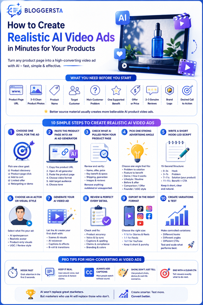 seven steps to create realistic AI video ads from product pages, including choosing an ad goal, generating scripts, selecting AI actors, reviewing claims, and testing video variations with tools like Revid AI, Creatify, HeyGen, and InVideo AI.