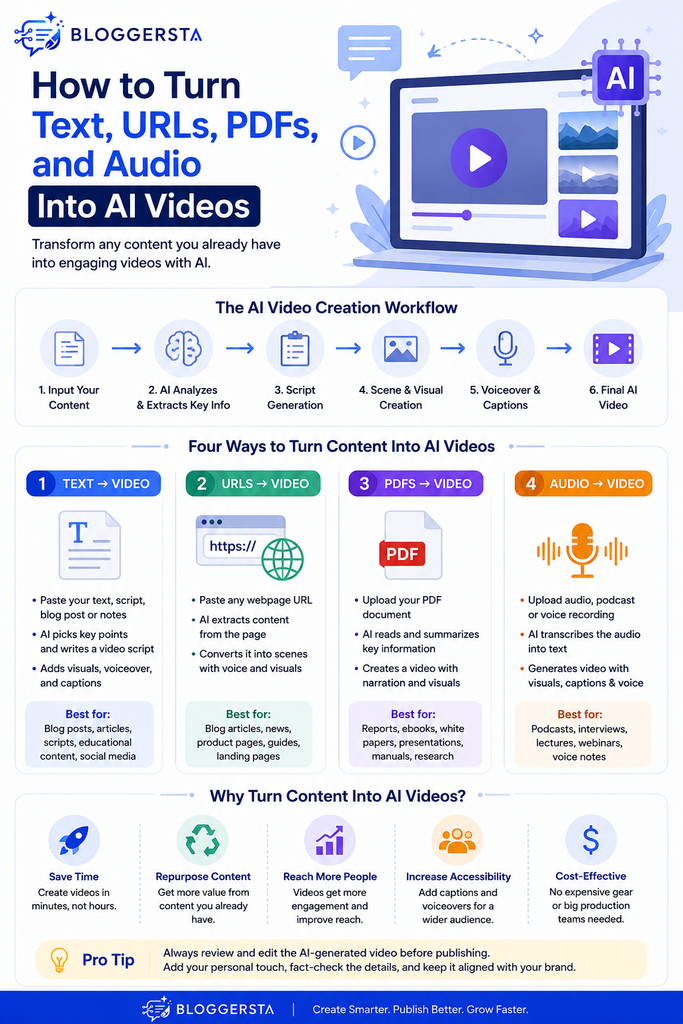 AI video creation workflow showing how to turn text, URLs, PDFs, and audio into AI videos