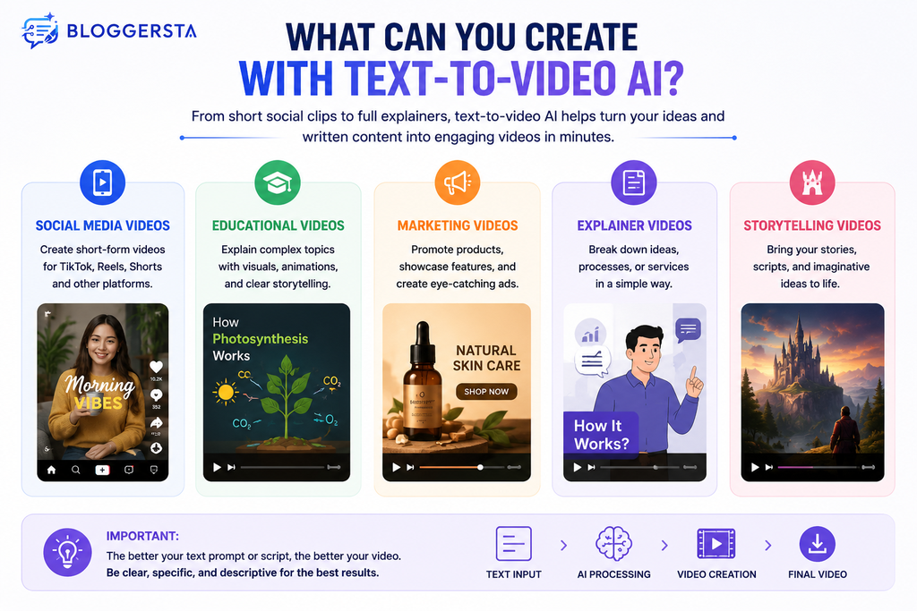 you can create with text-to-video AI, including social media, educational, marketing, explainer, and storytelling videos.