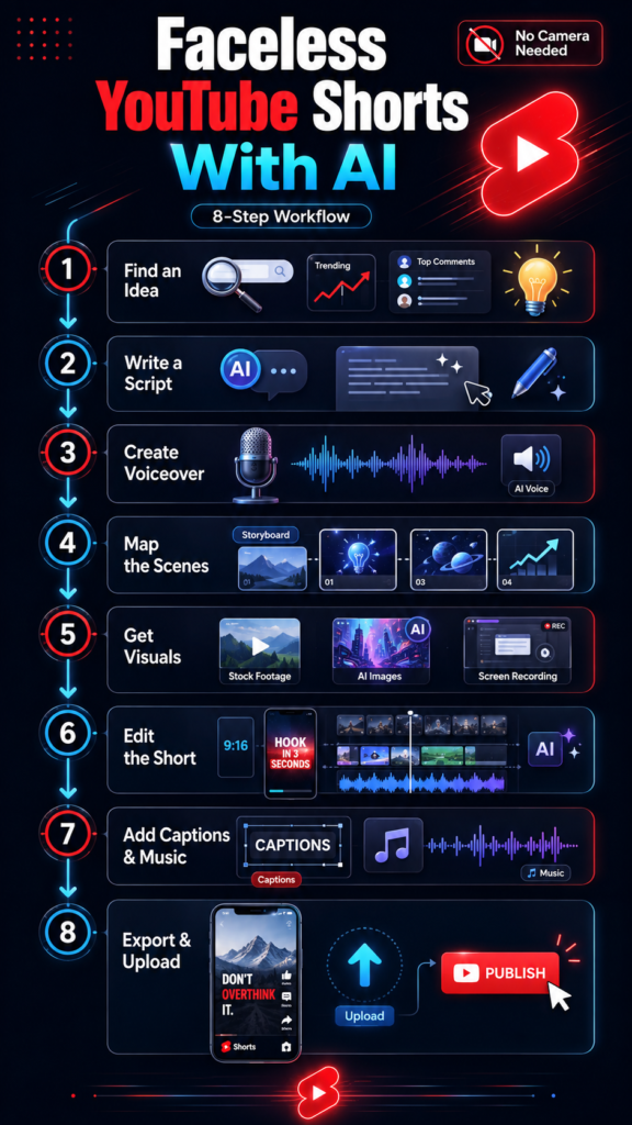 Eight-step workflow for making faceless YouTube Shorts with AI from idea and script to voiceover, editing, captions, and upload