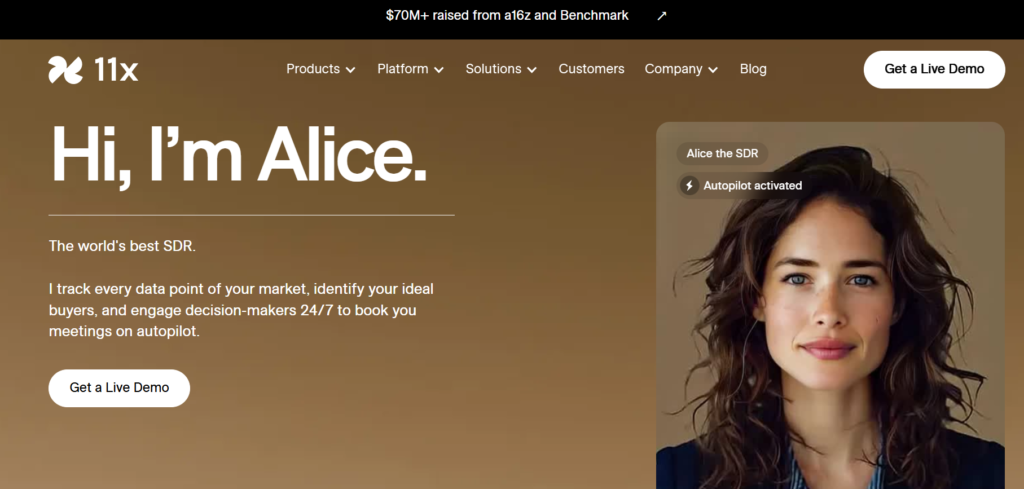 11x.ai focuses on enterprise AI SDR agents11x – Alice – AI Powered SDR. Alice handles outbound prospecting, research and multi-channel sequencing. 