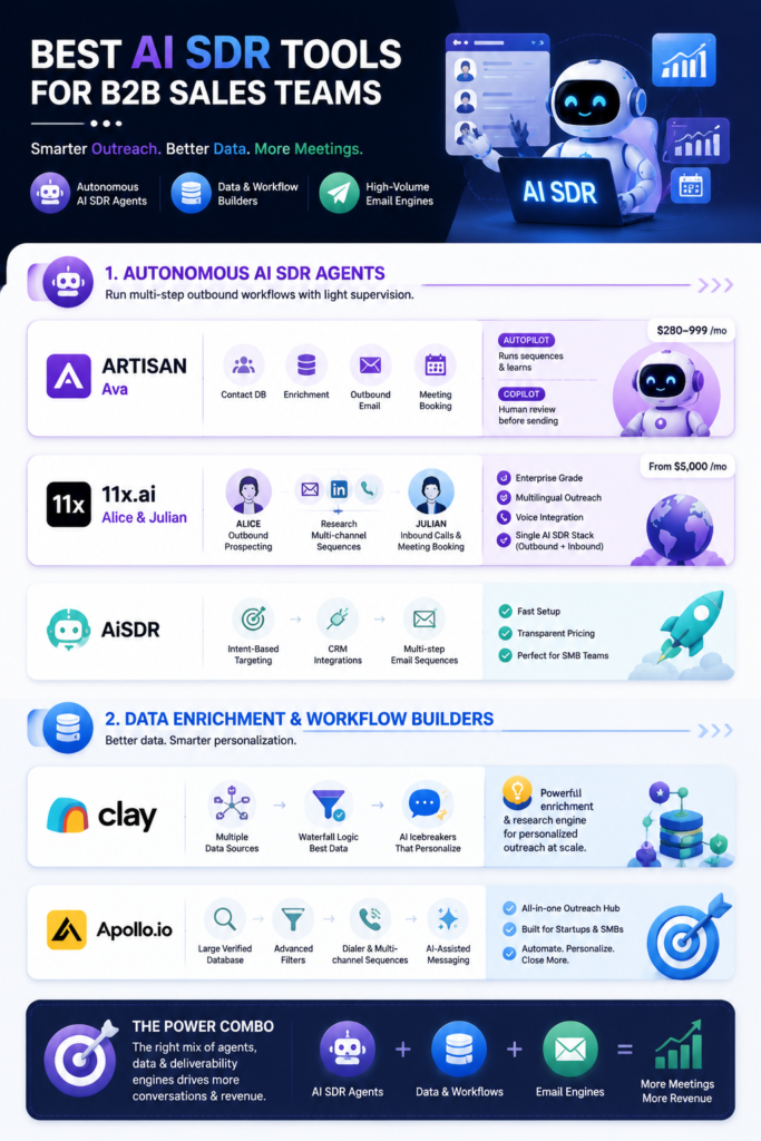 Compare the best AI SDR tools for B2B sales teams in 2026, The best AI SDR tools for B2B sales free or paid fall into three clusters. You have autonomous AI SDR agents, data and workflow builders and high-volume email engines.