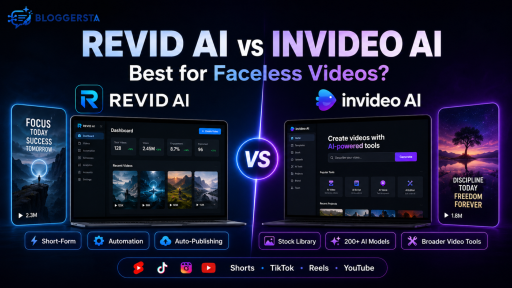Revid AI vs InVideo AI comparison for faceless videos, showing short-form automation, stock media, AI models, and video creation workflows