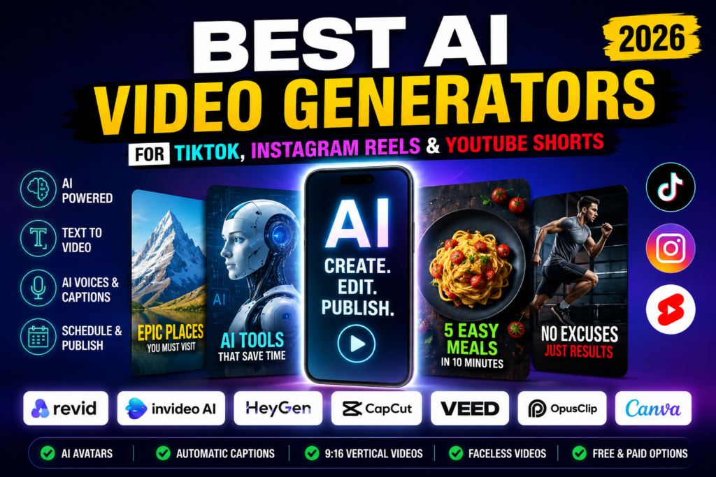 Best AI video generators for TikTok, Instagram Reels and YouTube Shorts in 2026 featuring Revid AI, InVideo AI, HeyGen, CapCut, VEED, OpusClip and Canva