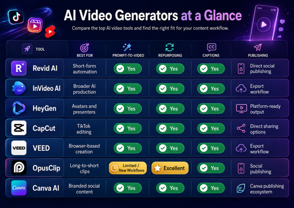 AI video generators comparison chart showing Revid AI, InVideo AI, HeyGen, CapCut, VEED, OpusClip and Canva for short-form video creation