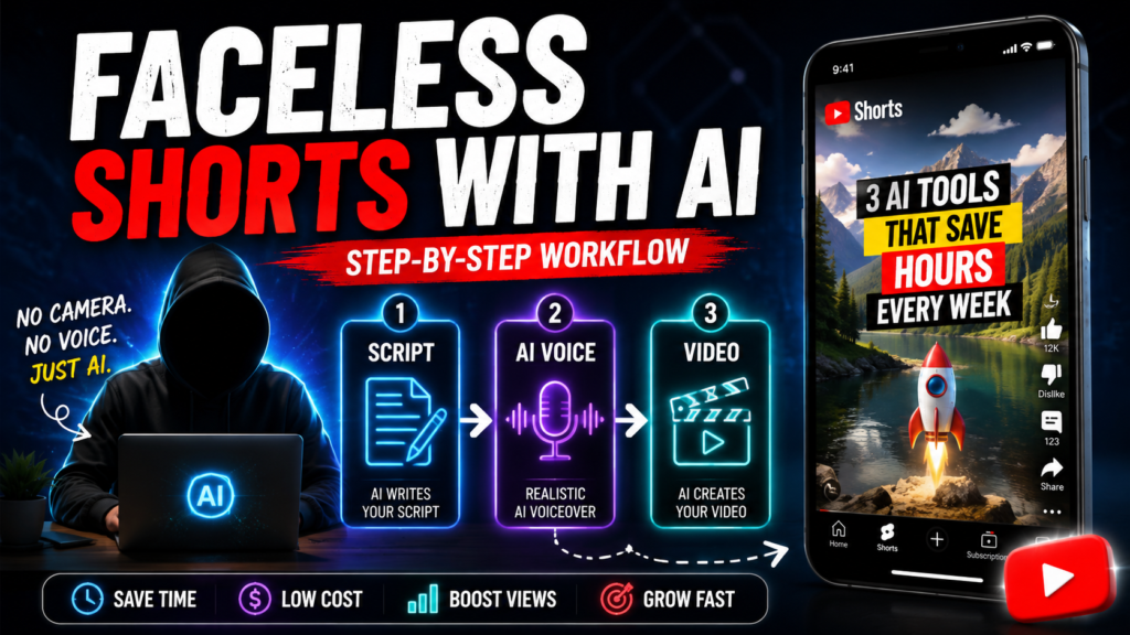 Faceless YouTube Shorts with AI showing a step-by-step workflow from script and AI voice to video creation