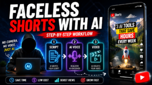 Faceless YouTube Shorts with AI showing a step-by-step workflow from script and AI voice to video creation