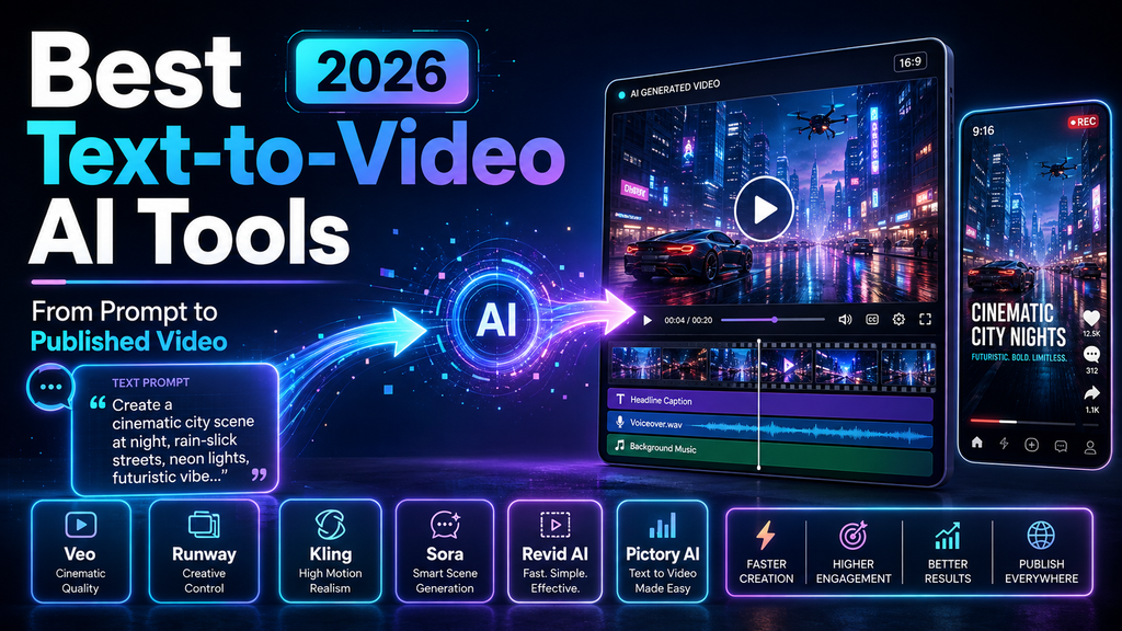 Best Text-to-Video AI Tools 2026 showing AI video generation workflow from prompt to published video with Veo, Runway, Kling, Sora, Revid AI, and Pictory AI