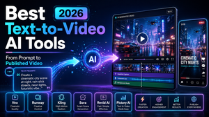 Best Text-to-Video AI Tools 2026 showing AI video generation workflow from prompt to published video with Veo, Runway, Kling, Sora, Revid AI, and Pictory AI