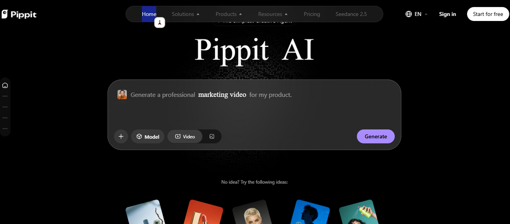 Pippit AI product video generator interface for creating professional ecommerce marketing videos