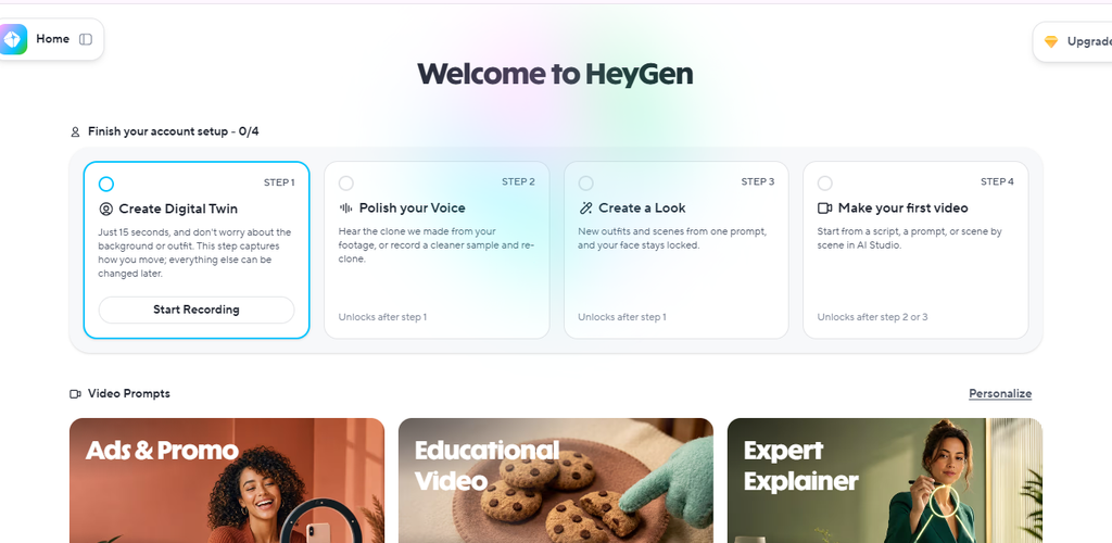 HeyGen AI product video generator dashboard showing digital twin setup and video prompts for ads, educational videos, and expert explainers