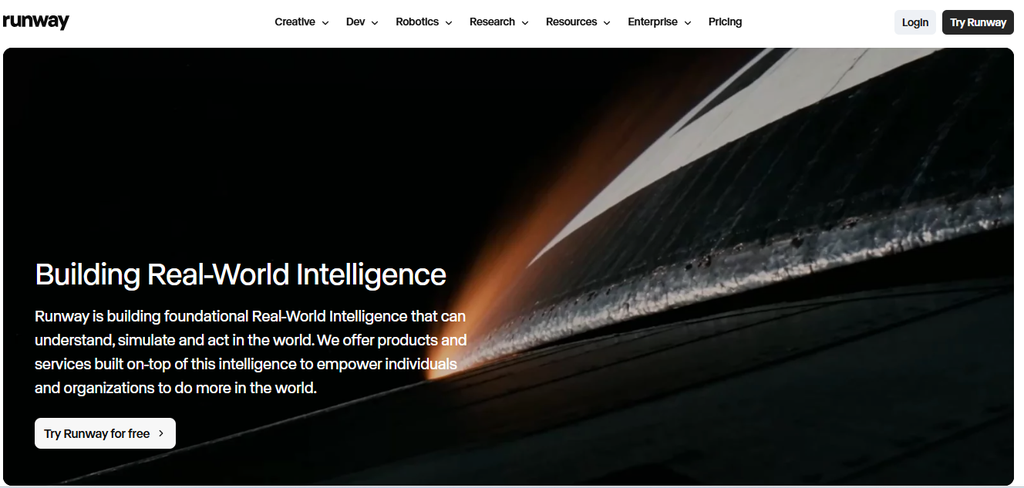 Runway AI platform homepage showcasing real-world intelligence and AI-powered video generation technology
