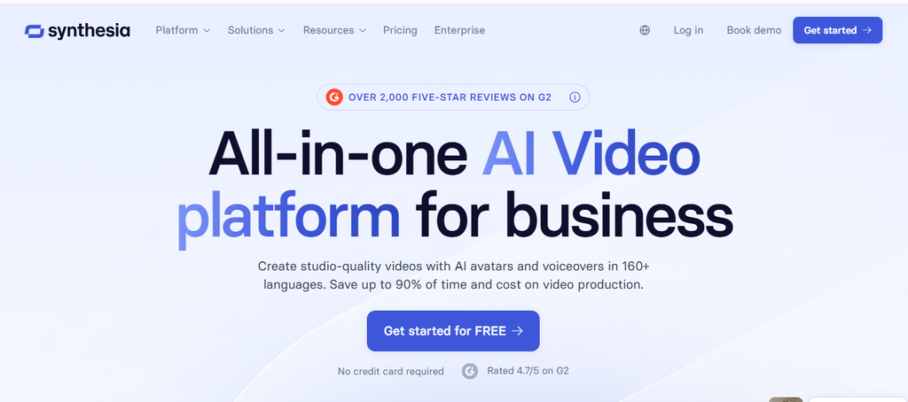 Synthesia AI video platform homepage featuring AI avatars, voiceovers, and video creation in 160+ languages