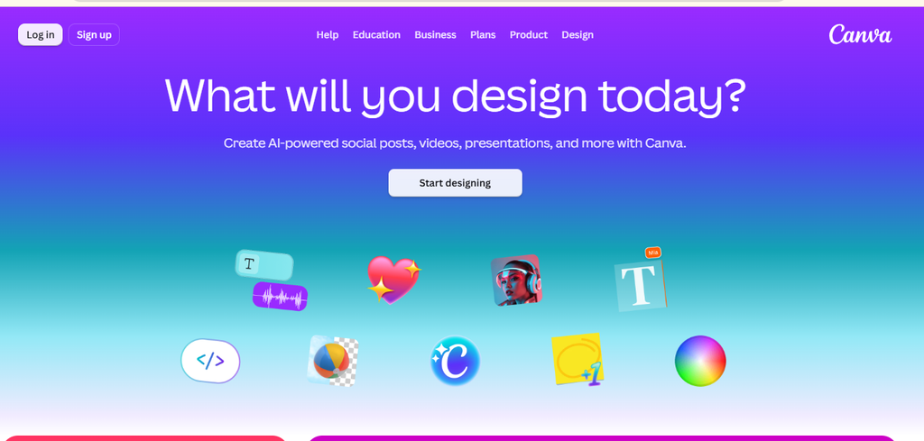Canva AI design platform homepage featuring AI-powered tools for creating social posts, videos, presentations, and creative designs