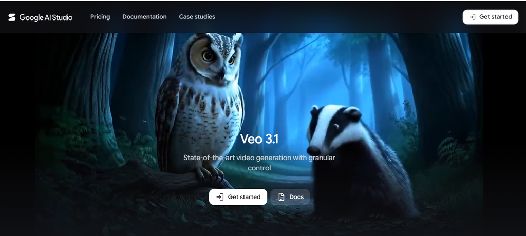 Google AI Studio Veo 3.1 video generation showcase featuring an owl and badger in a cinematic blue-lit forest