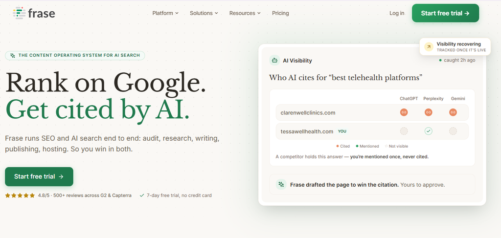Frase content optimization interface for creating SEO content briefs