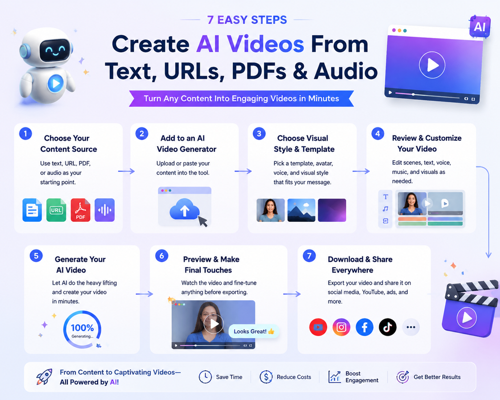 7-step AI Video workflow for converting text, URLs, PDFs, and audio files into professional videos