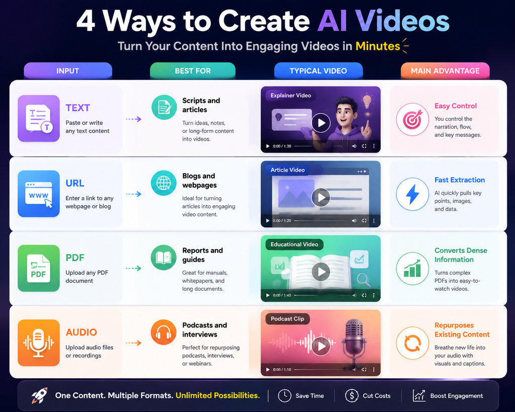 AI Video creation infographic showing four ways to turn text, URLs, PDFs, and audio into engaging videos with AI tools