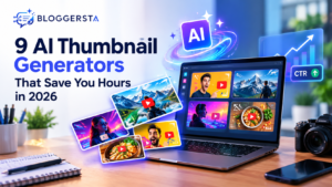 9 AI thumbnail generators for 2026 displayed on a laptop with multiple YouTube thumbnail designs, AI visuals, and CTR analytics, featuring the Bloggersta logo.