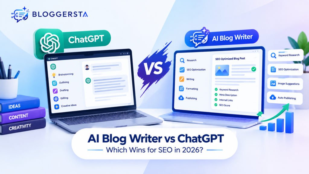 AI Blog Writer vs ChatGPT comparison for SEO in 2026, showing AI writing, keyword research, SEO optimization, content creation, and publishing workflows with Bloggersta branding.