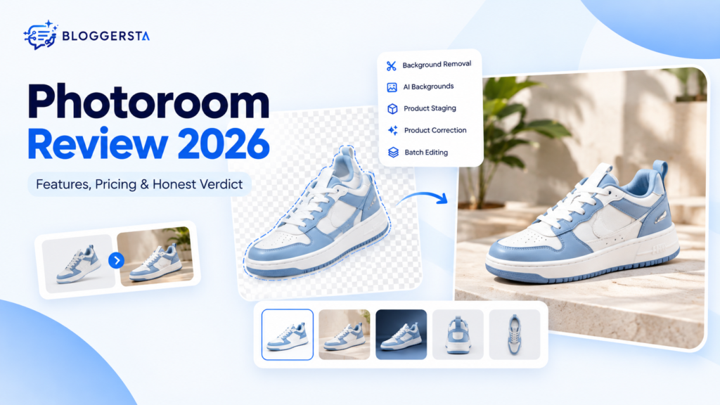 Photoroom Review 2026 featuring AI product photo editing, background removal, AI backgrounds, product staging, product correction, and batch editing for ecommerce.