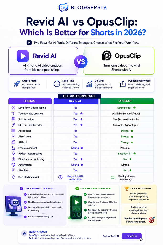 Revid AI vs OpusClip comparison infographic showing features, workflows, pricing value, and the best AI video tool for creating Shorts in 2026