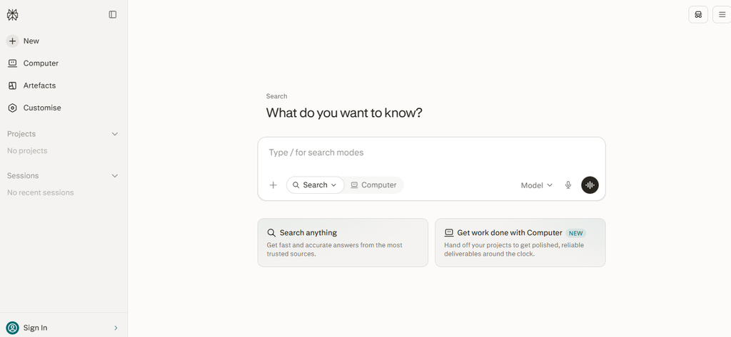 Perplexity AI research tool showing search results for blog research