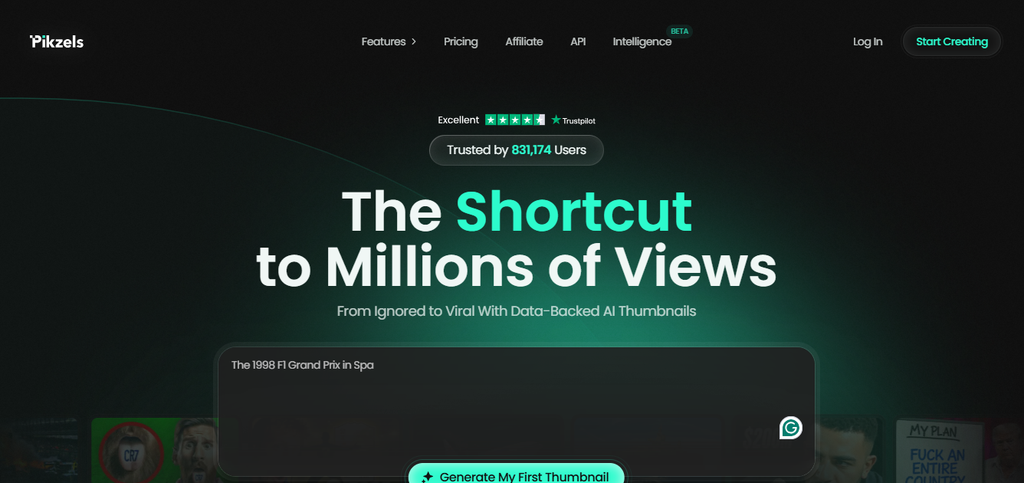 Pikzels AI thumbnail generator interface for creating YouTube thumbnails