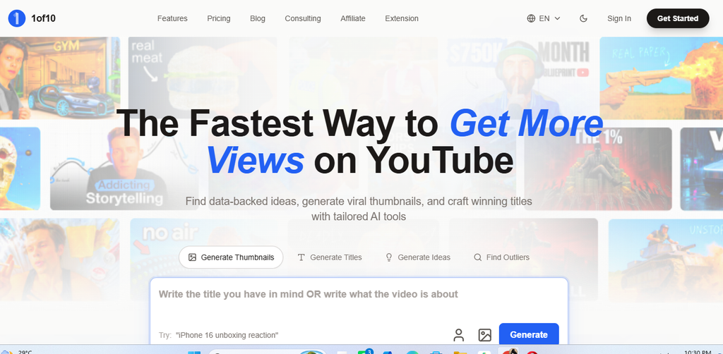 1of10 AI thumbnail tool interface showing data-driven YouTube thumbnail concepts