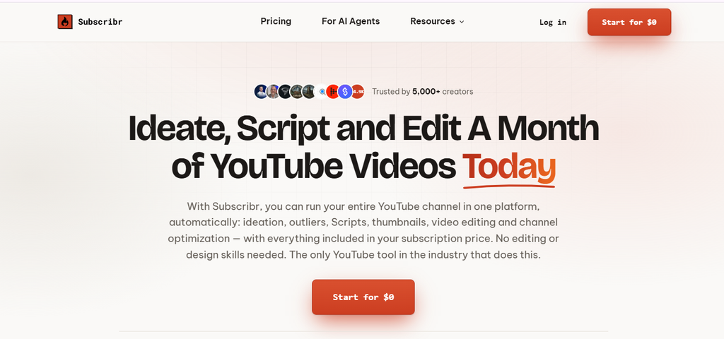 Subscribr AI creator platform interface with YouTube thumbnail and content tools