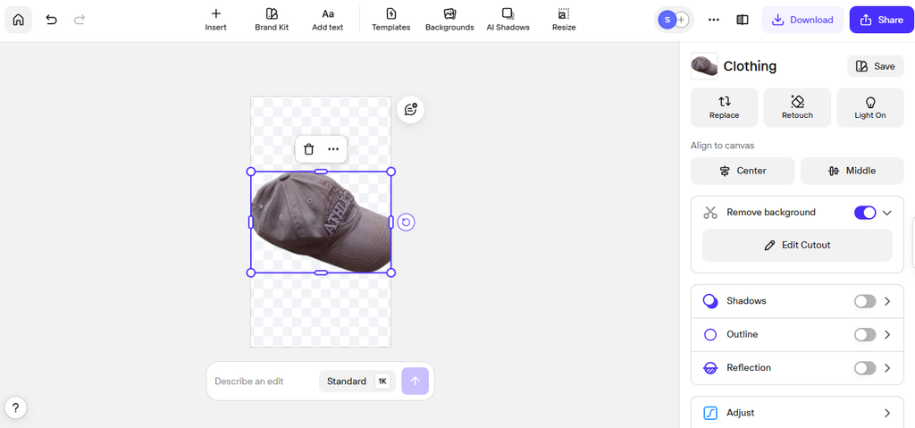 Photoroom AI background remover removing the background from a product photo