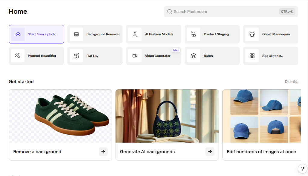Photoroom AI photo editing dashboard with product image tools