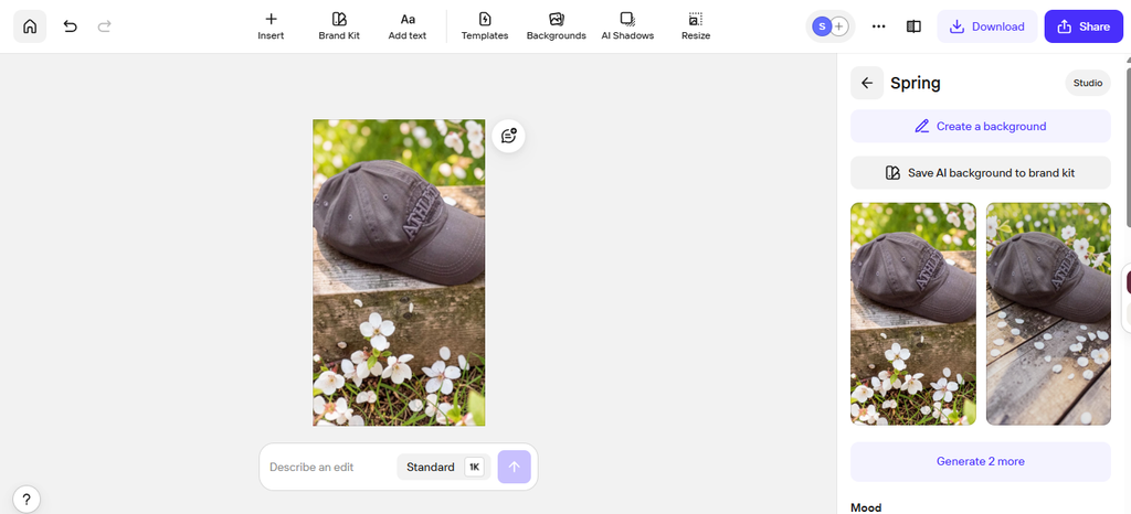 Photoroom AI background generator creating a new background for a product image