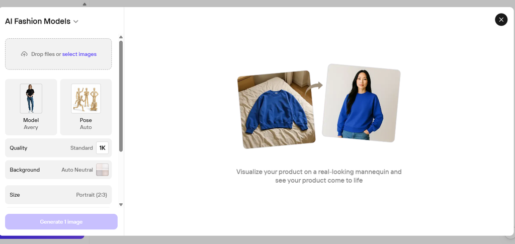 Photoroom AI Fashion Model generating a clothing product image on a virtual model